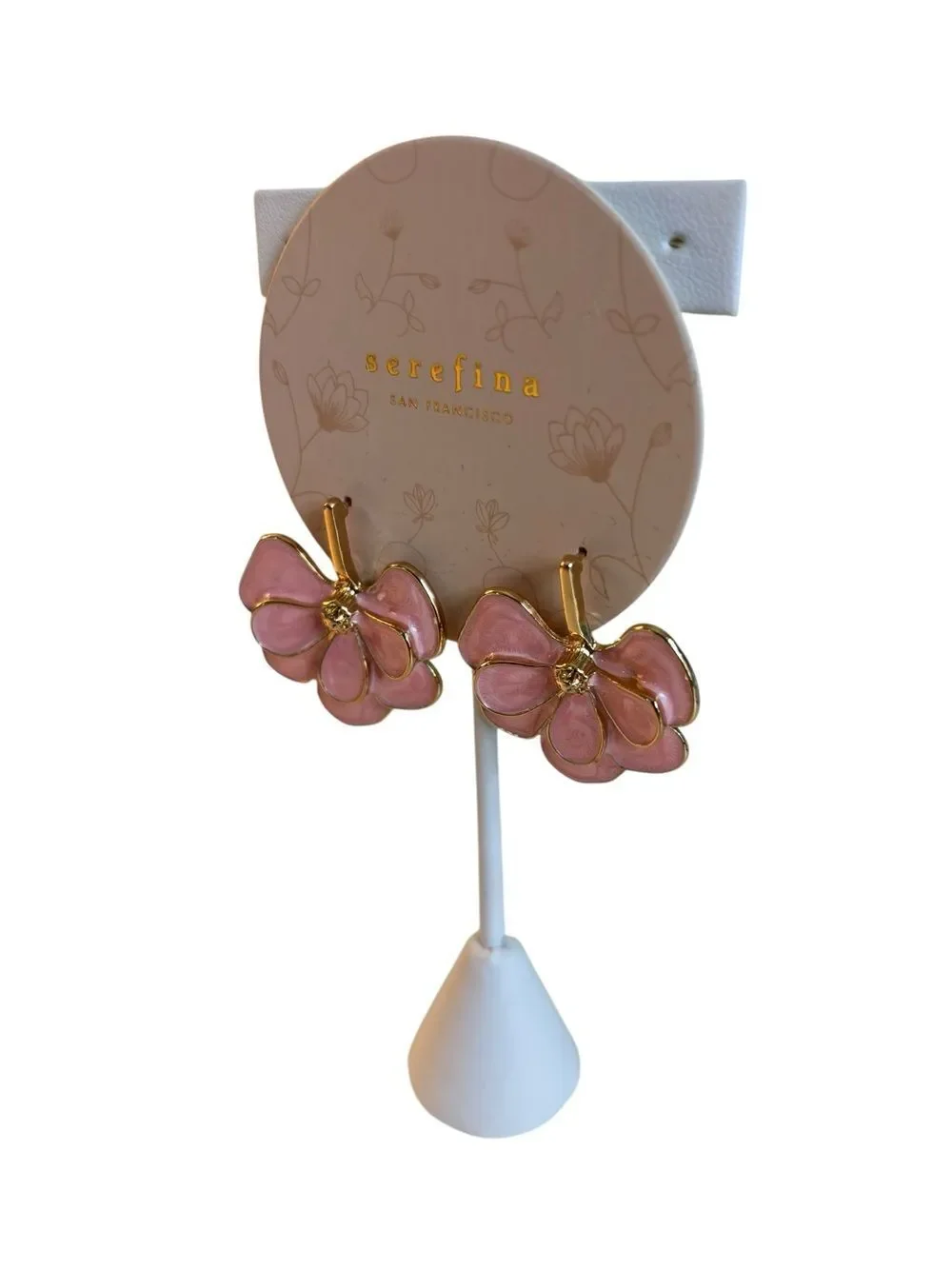 Light Pink & Gold Tone Multi-layered Enamel Flower Petal Drop Earrings.
